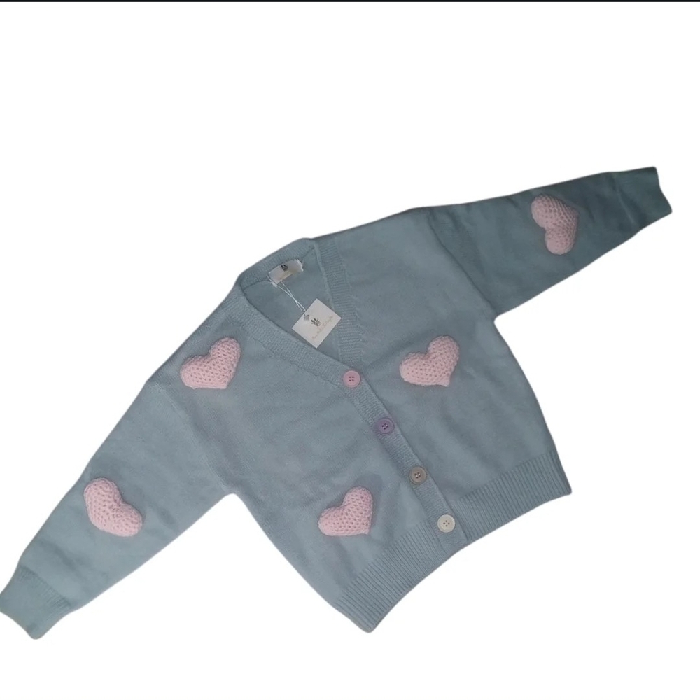 Blue Cardigan with Pink Heart Accents